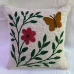 Minimal Floral Butterfly Embroidered Cushion Cover – White Botanical Throw Pillow