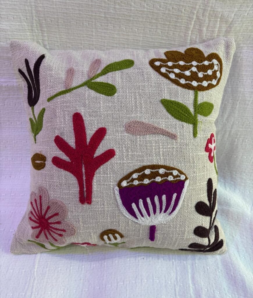 Premium Handmade Embroidered Cushion Cover – Artistic Boho Floral Throw Pillow for Modern Home Decor